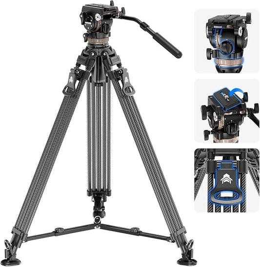 NEEWER 78" Carbon Fiber Video Tripod with Fluid Head, One Step Release Lock Tripod with 6 Level Dynamic Counterbalance, 4 Level Pan/Tilt Damping, Mid Spreader, Dual Mode QR Plate, Max Load 18lb, LL55