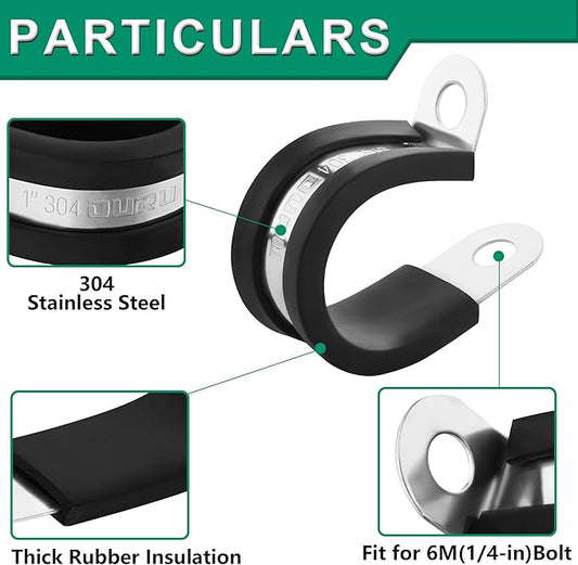 10pcs 1-3/4 Inch Stainless Steel & Rubber Coated Cushioned Insulated Cable Clamps, Automotive Pipe & Wire Clamps, Black