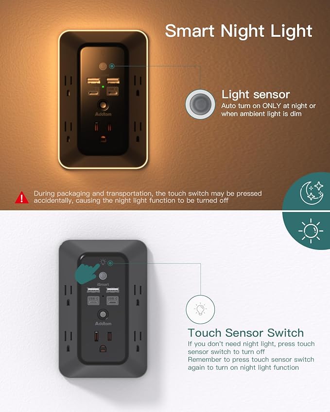 Surge Protector, Outlet Extender with Night Light, Addtam 5-Outlet Splitter and 4 USB Ports(2 USB C), USB Wall Charger Power Strip, Multi Plug Wall Outlet for Home, Office, School, Black