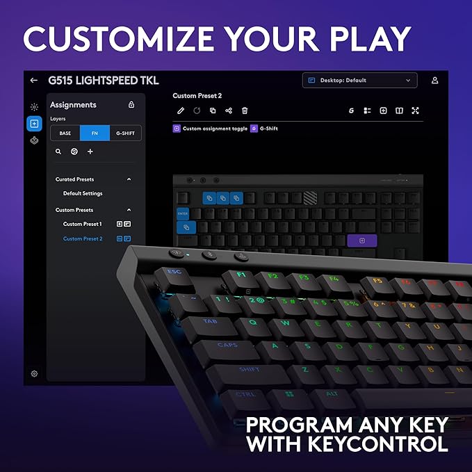 Logitech G515 Lightspeed TKL Low Profile Wireless Gaming Keyboard, LIGHTSYNC RGB, Thin Tenkeyless Design, Double-Shot PBT Keycaps, Linear (Red) Mechanical Switches - Black