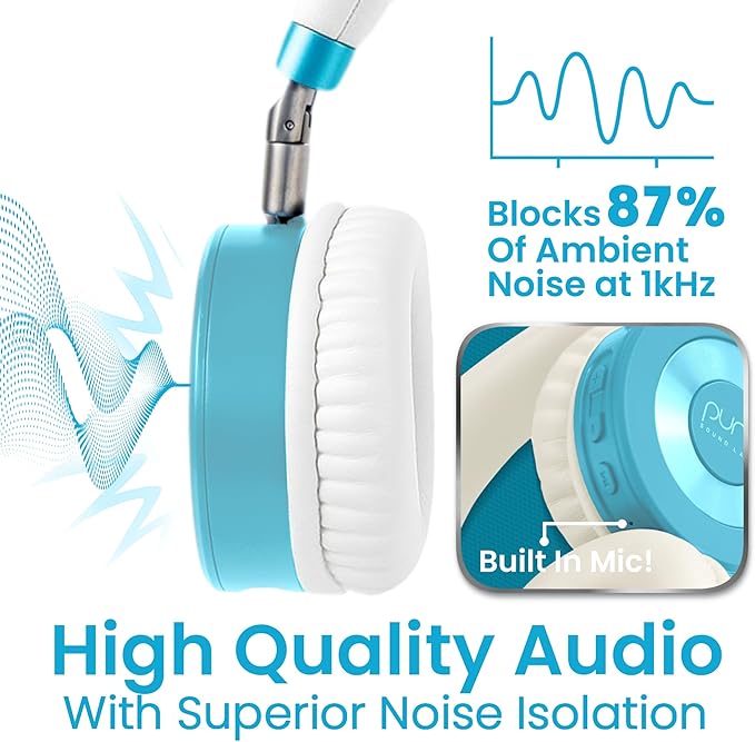Puro Sound Labs JuniorJam Plus Volume-Limiting Wireless Bluetooth Headphones for Kids, Secure Audio with Adjustable On-Ear Design, 22-Hour Battery, Ideal for Tablets, Smartphones & PCs - Teal