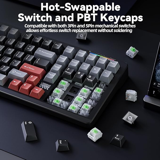 LINGBAO K98 Wireless Mechanical Gaming Keyboard, Tri-Mode BT5.0/2.4GHz/USB-C, Gasket Custom Hot-Swappable Linear Switches Creamy Keyboard with Number Pad, RGB Backlit Gaming Keyboard for PC Laptop