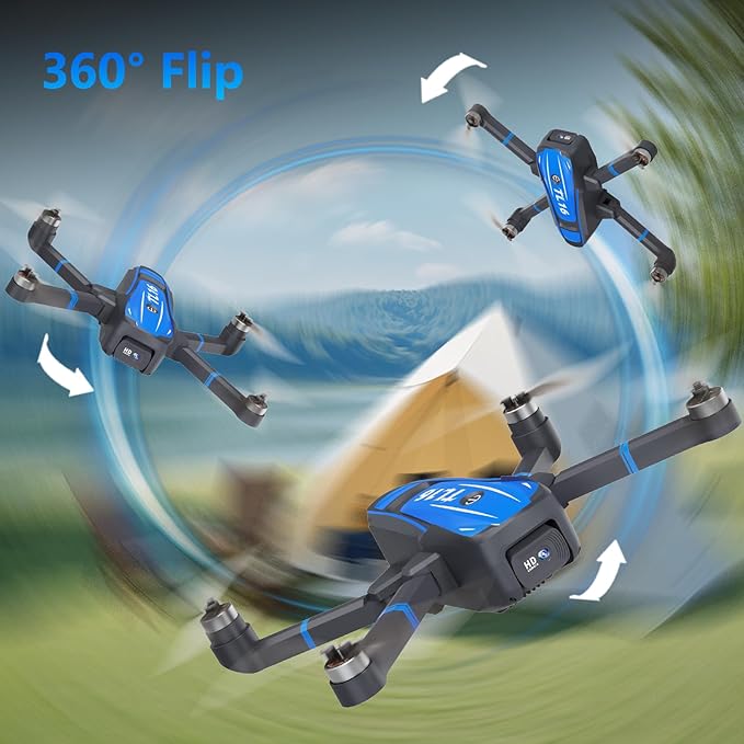 TL16 Brushless Motor Drone with 1080P Camera, FPV Drone for Adults, Optical Flow Positioning Headless Mode 90° Motorised Adjustable Lens, Foldable RC Quadcopter for Beginners, Blue