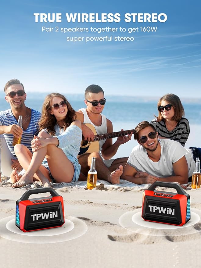 Portable Bluetooth Speakers - Wireless Speaker 80W Peak, Loud Speaker with Light, Strong Bass, BT 5.3, TWS, IPX6 Waterproof, 20H Playtime for Home Party Outdoor Beach Camping - Red