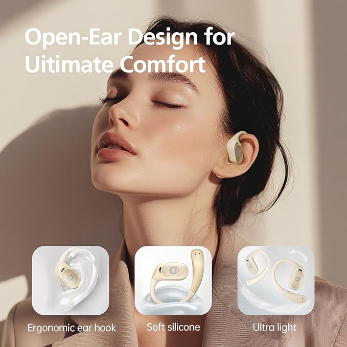 Open Ear Headphones with 35 Hours Playtime, True Wireless Air Conduction Earbuds Featuring Ear Hooks, Bluetooth 5.3, IPX6 Waterproof Design, Comfortable and Secure Fit for Sports - Beige