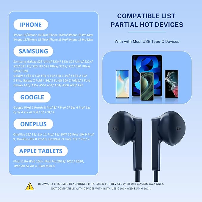 USB C Headphones for iPhone 17 16 15, Wired Earbuds USB C for Samsung S24 S25 Ultra A16 5G USBC Wired Headphones, USB Type C Headphone with Mic Corded Earphones Ear Buds for iPhone 15 Pro 16 Pro Max