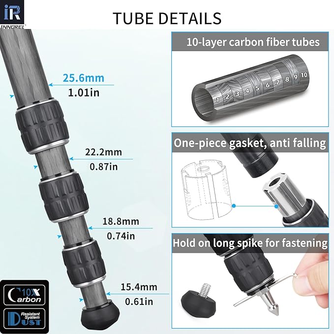 Carbon Fiber Tripod Monopod INNOREL KT254C Professional Portable Compact Travel Tripod for DSLR Camera Stand Support 1.01in/25.6mm Tube Load 33lb/15kg with D36 Low Gravity Center Panoramic Ballhead
