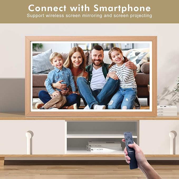 21.5" Large Digital-Picture-Frame Smart Photo-Frame - 1920 x 1080 FHD IPS No Touch Screen Wood WiFi Photo Frames, Wall Mounted, 32GB, Remote Control, Send Photos Videos via APP Email, Gift for Mom Dad