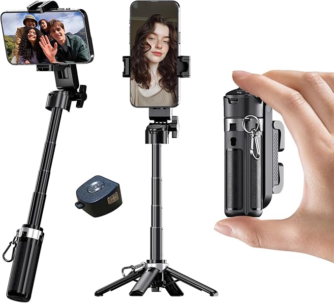 Phone Tripod Stand with Zoom, Portable Selfie Stick with Detachable Remote and 360° Rotatable Holder, Expandable Pocket-Size Cell Phone Tripod Compatible with iPhone/Android for Photo/Video Recording