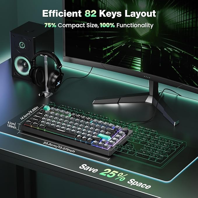 TECKNET Gaming Keyboard, 75% Wired Keyboard, RGB Backlit, 82-Keys with Volume Knob Control, 26 Keys Anti-ghosting, Whisper Quiet Gaming Switch Travel Friendly for Windows Laptop PC Mac-Grey