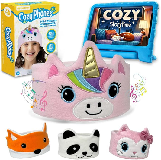 Toddler Headphones Wireless, Kids Bluetooth Earphones, Safe Volume - Wired School Headphones for Kids with 3.5 MM Jack and Travel Bag - Toddler Airplane Accessories for Boys & Girls - Pink Unicorn