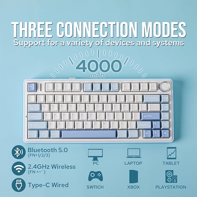 EPOMAKER x Aula F75 Gasket Mechanical Keyboard, 75% Wireless Hot Swappable Gaming Keyboard with Five-Layer Padding&Knob, Bluetooth/2.4GHz/USB-C, RGB (Sea Salt Blue, Ice Vein Switch)
