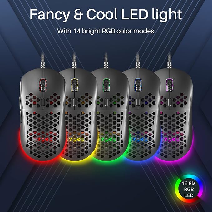 DIERYA M1SE Wired Gaming Mouse with Honeycomb Shell, 12800DPI Optical Sensor, 6 Programmable Macros, Software Support for Custom Key Config, and RGB Settings for Windows 7/8/10/XP, Vista, Linux-Black