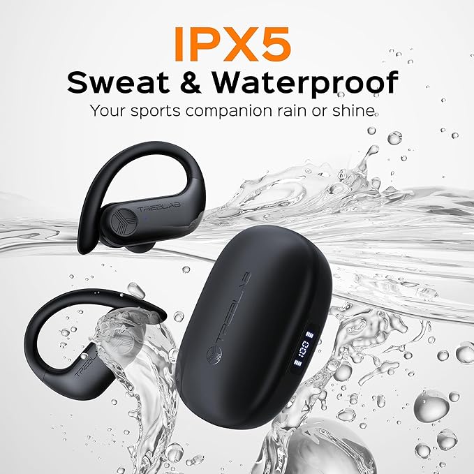 TREBLAB X3 Pro - Workout True Wireless Earbuds, Comfortable Earhooks, Bluetooth 5.3, Punchy Bass, Noise Isolation, 145H Playtime, IPX5 Waterproof, Sweatproof, 2 Mics for Calls, Sport Bluetooth Earbuds