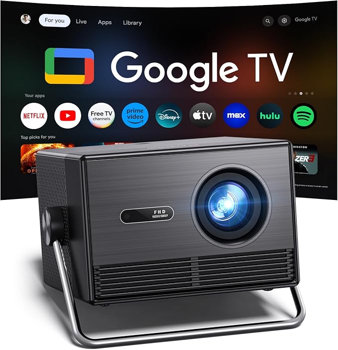 2000 ANSI Lumen Outdoor Projector Official Licensed Google TV Full HD 4K , Smart Projector with Wifi and Bluetooth, Auto Focus, Dolby Sound,Built-in Apps,HAPPRUN Home Theater for Phone/TV Stick/PC/PS5