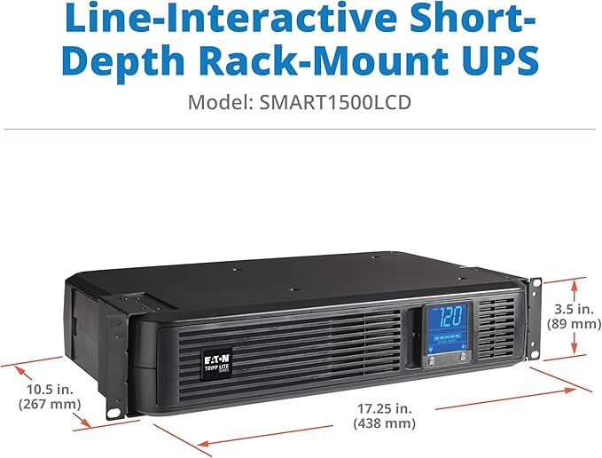 Tripp Lite SMART1500LCD 1500VA Rack Mount UPS Battery Backup, 900W, 8 Outlets, PWM Sine Wave, Short Depth 2U Rackmount UPS, AVR, LCD Screen
