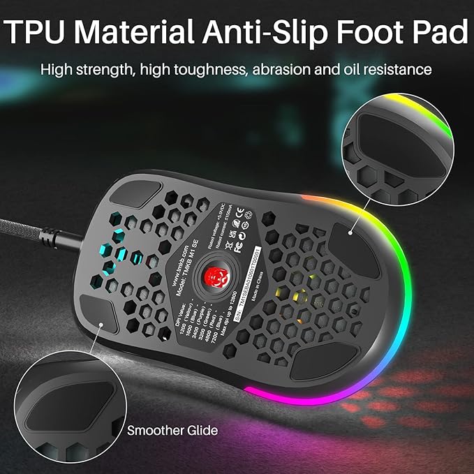 DIERYA M1SE Wired Gaming Mouse with Honeycomb Shell, 12800DPI Optical Sensor, 6 Programmable Macros, Software Support for Custom Key Config, and RGB Settings for Windows 7/8/10/XP, Vista, Linux-Black