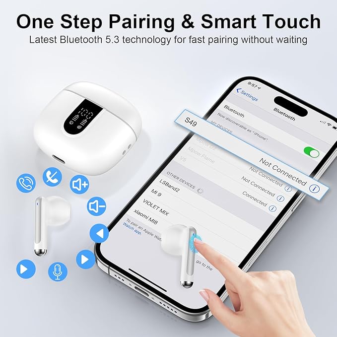 Wireless Headphone,Bluetooth 5.3 Earbuds for Samsung Galaxy A17 A16 A15 A56 A36 S25 Ultra S24 S23 S22 S20 60H Playback with Dual LED Display HiFi Stereo Wireless Earphone for iPhone 16e 16 15 Pro Max