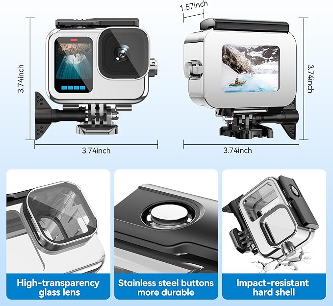 BO&DQQ Protective Waterproof Case Compatible for Go Pro Hero 13 12 11 10 9 Black, 60M/196FT Underwater Diving Housing Shell Accessories Kit