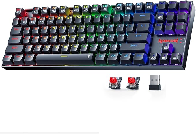Redragon Wireless Gaming Keyboard, BT/2.4Ghz Tri-Mode Mechanical Keyboard with Aluminum Pannel, Hot-Swap Red Switch, Programmable 87 Keys TKL, LED Rainbow Backlit - K552-KRS