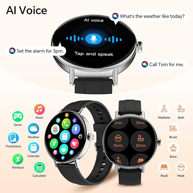 Smart Watches for Men/Womem,1.27" HD Fitness Watch Answer/Make Call, Heart Rate/Sleep/SpO2，Round Smart Watch for iPhone/Samsung/Android,IP68 Waterproof，110+ Sport Mode-Black(2 Bands)