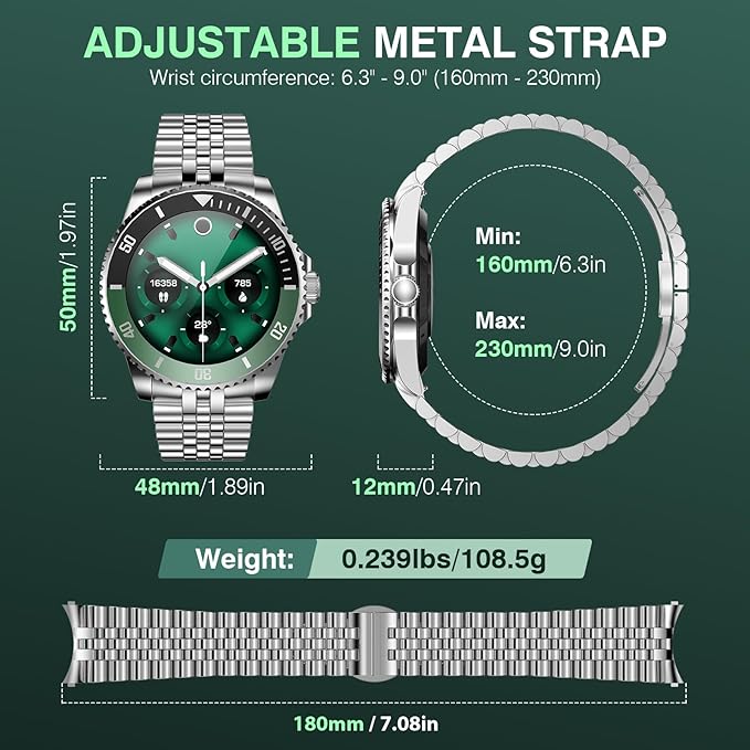 AI Smart Watch, DA GPT AI Waterproof Smartwatch, 1.19-inch AMOLED Display, 24/7 Heart Rate, Blood Oxygen, Blood Pressure, Sleep Monitor, 107 Sports Modes, Compatible Android and iOS Silver Green