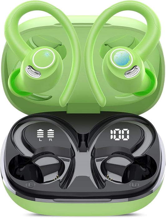 Wireless Earbuds, Bluetooth 5.4 Headphones Sport, Over Ear Buds With ENC Noise Cancelling Mic, 48H, Wireless Earphone With Earhooks, Stereo Deep Bass, IP7 Waterproof ear bud for Workout Running, Green