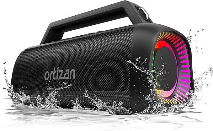 Ortizan Portable Bluetooth Speaker Loud, 80W Peak, Bass Up, 20H Playtime, IPX7 Waterproof, RGB Lights, Wireless Stereo Pairing, BT5.3, USB-C, Subwoofer Outdoor Speaker for Camping, Beach, Backyard