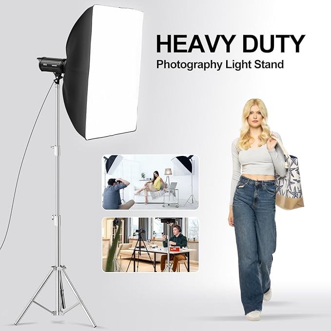 BEIYANG 6.5Ft Stainless Steel Photography Light Stand, Heavy Duty Spring Cushioned Tripod Stand with 1/4" to 3/8" Screw Adapter for Strobe Lights, LED Video Lights, Ring Lights, Monolights, Softboxes