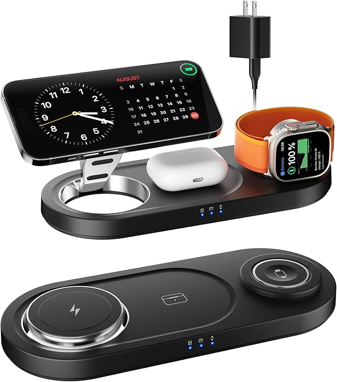 Upgraded 3 in 1 Wireless Charging Station for Apple Devices, Faster Mag-Safe Charger Stand, Magnetic Charger Station for iPhone 17/16/15/14/13/12 Series & AirPods Pro & Apple Watch Series (Black)