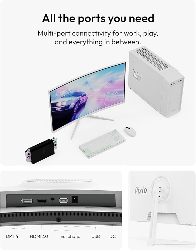 Pixio PXC248 Wave White 24 inch 200Hz Refresh Rate FHD 1080p Resolution 1500R Curve Fast VA Panel 1ms GTG Response Time Adaptive Sync HDR Curved Gaming Monitor