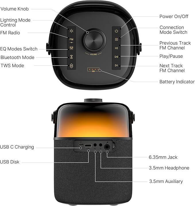 Bluetooth Speaker, Portable Wireless Speaker with 80W Peak Power, Enhanced Bass/Treble, TWS Pairing, 360-Degree LED Lighting for Home, Outdoor, Beach Party, Supports USB/AUX/6.35mm Jack/FM Integration