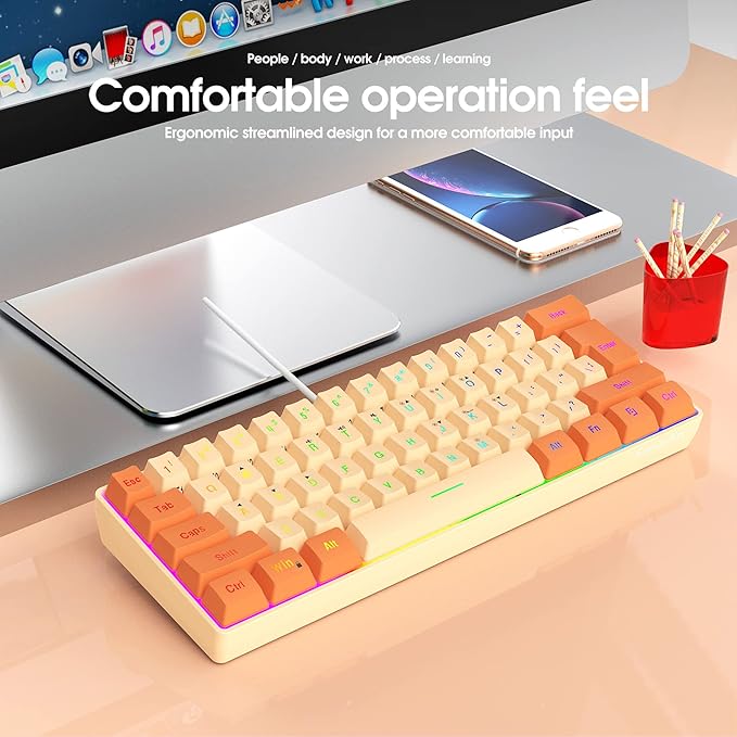 Snpurdiri 60% Wired Gaming Keyboard, RGB Backlit Ultra-Compact Mini Keyboard, Waterproof Mini Compact 61 Keys Keyboard for PC/Mac Gamer, Typist, Travel (Orange and Cream)