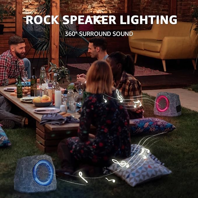 2-Pack Rock Speakers Outdoor Water-Resistant Solar Powered Patio Speaker with 3 Mode Lights and Pair System and USB Rechargeable for Pool Outside Garden Yard Deck