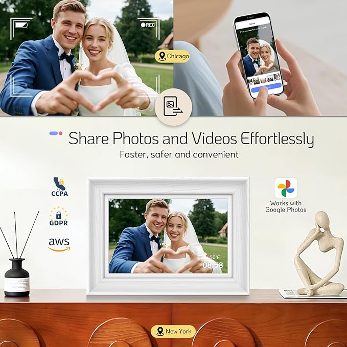 NexFoto Touchscreen Digital Picture Frame 10.1 Inch, WiFi Photo Frame Electronic 64GB, Add Photos from Google Photos, Easy to Share Videos via App/USB/Micro SD, for Mom/Birthday, White Wood