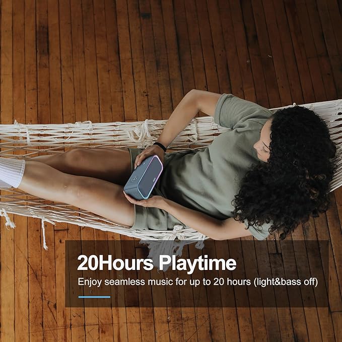 DOSS SoundBox Pro Bluetooth Speaker with 20W Stereo Sound, Active Extra Bass, IPX6 Waterproof, TWS Pairing, Multi-Colors Lights, 20H Playtime, Portable for Beach, Outdoor-Stone Blue