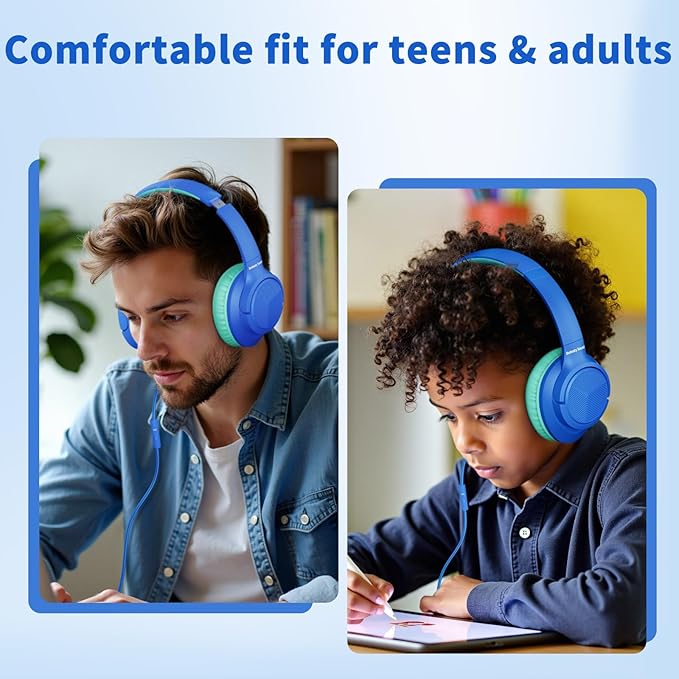 Wired Headphones with Microphone, Over Ear 3.5mm Plug in Headphones with 4.9ft Tangle-Free Nylon Cord for Tablet, Laptop, MP3/4, School, Airplane Travel (Blue)