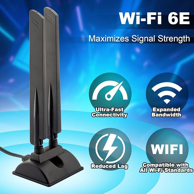 WiFi 6E Antenna Tri-Band 6GHz 5GHz 2.4GHz RP-SMA WiFi Antenna Magnet Mount Base for PC Desktop Computer Motherboard WiFi Bluetooth Card Wireless Router