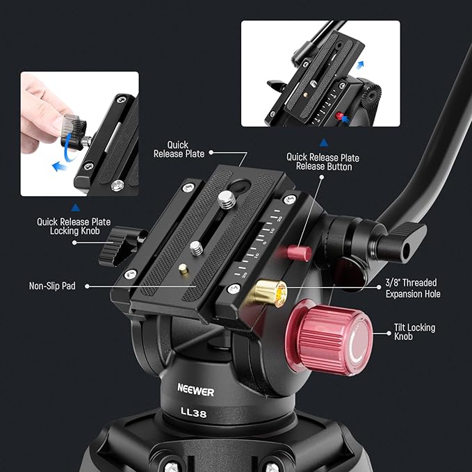 NEEWER 79"/2m Video Camera Tripod with Fluid Head, One Step Quick Release Aluminum Heavy Duty Tripod Stand with QR Plate Compatible with Canon Nikon Sony DSLR Camera Camcorder, Max Load 17.6lb, LL38