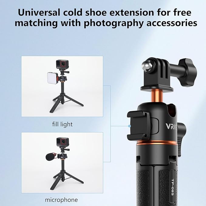 VRIG 21" Extendable Selfie Stick Tripod for GoPro with 360° Ballhead, Portable Vlog Selife Stick Tripod Stand for DJI OSMO Action 5Pro/4/3,GoPro Hero 13 12 11 10 /Insta360 X5/Ace Pro/Pocket3