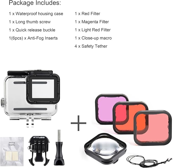 Waterproof Housing Case with Diving Filters for GoPro Hero 5 6 7 Black Hero (2018) Cameras - 45M Underwater Diving Housing Shell with Red/Light Red/Magenta / 5X Close-up Filters