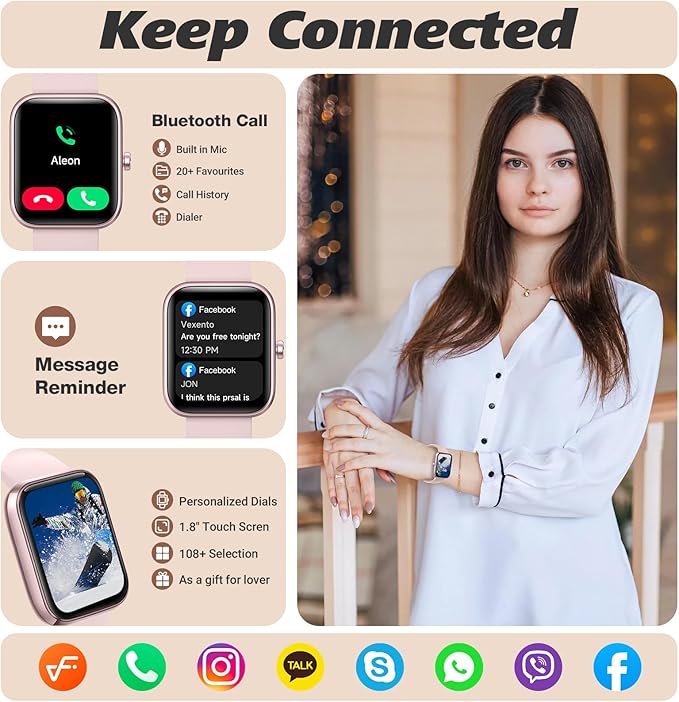 Smart Watch for Men Women with Bluetooth Call,Alexa Built-in Smartwatch,1.8" DIY Dial Fitness Watch with 100+ Sport Mode,IP68 Waterproof Watch Compatible with Android iOS