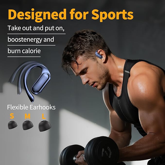 Wireless Earbuds, Bluetooth Headphones 80hrs Play Back Sport Earphones with LED Display Over-Ear Buds with Earhooks Built-in Mic IPX7 Waterproof Headset for Workout Grey-Dark Blue