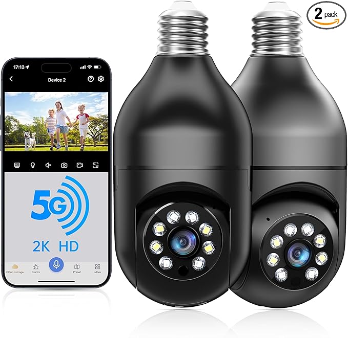 WESECUU Light Bulb Security Camera -5G& 2.4GHz WiFi 2K Security Cameras Wireless Outdoor Motion Detection and Alarm,Two-Way Talk,Color Night Vision,Human Detection, Bulb Camera Compatible with Alexa