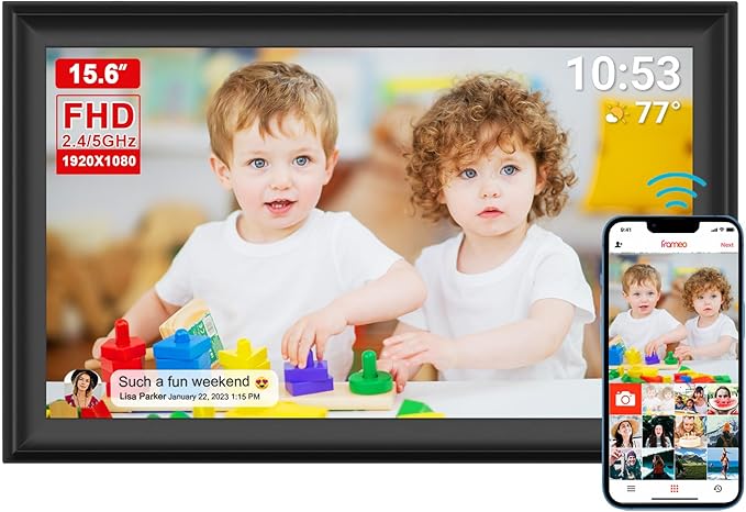 15.6inch FRAMEO Digital Photo Frame with 1920x1080 FHD IPS LCD Touch Screen, Dual-WiFi Share Photos & Videos Via Frameo, Support USB Drive/SD Card Extend Storage, Auto-Rotate, Wall Mountable With VESA