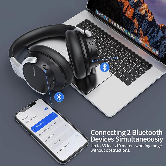 AUSDOM Bluetooth Headphones Noise Cancelling: Over Ear Wireless ANC Headphones with Microphone, 50Hrs Playtime, Deep Bass, Hi-Fi Sound, Comfortable Ear Cushions for Travel Work Cellphones, Silver