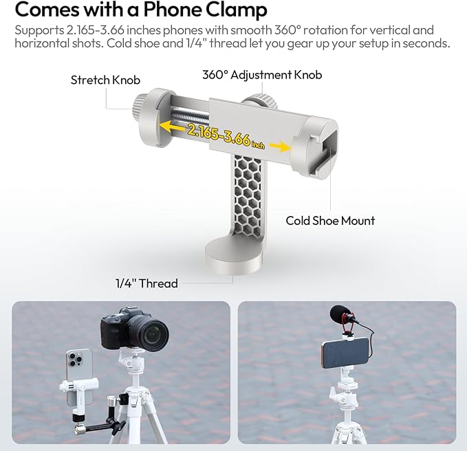 ULANZI Ombra Ⅱ Camera Travel Tripod White, 61.5" Aluminum Tripod Foldable with UKA Quick Release Plate for Phone Sony Canon, Video Shooting Vlogging Portable Stand w Phone Clamp Holder Carry Bag