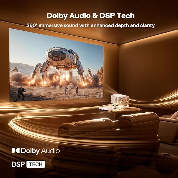 Aurzen BOOM mini Google TV 4K Supported Smart Portable Projector with WiFi and Bluetooth, Outdoor & Home Movie Projector with 20W Speakers DoIby Audio, Real-Time Focus, 500 ANSI Lumens, Off-white