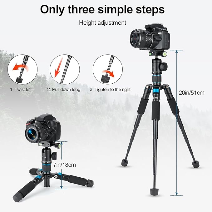 Koolehaoda Mini Desktop Tripod, 20" Aluminum Portable Small Tripod with 360° Ball Head and Bag for DSLR Camera, Video Camcorder.Load up to 11lbs / 5kg - (Blue)