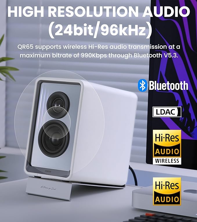 Edifier QR65 Desktop Active Monitor with 2.75" Long-Throw Aluminum Diaphragm mid-Low Drivers, Hi-Res Audio, Brilliant Light Effects, 70W Output Power Bluetooth Speakers with Stands - White